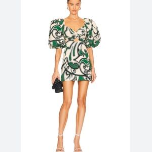 NWT ALEXIS Iana Print Smocked Back Twist Cutout Front Puff Sleeve Mini Dress S